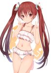  10s 1girl bikini brown_eyes brown_hair gin00 hair_ornament hair_ribbon highres kantai_collection libeccio_(kantai_collection) long_hair navel ribbon simple_background smile solo standing swimsuit twintails v white_background white_bikini 