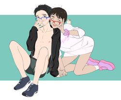  2boys ^_^ bespectacled black_hair blue-framed_eyewear blush boxers brown_eyes closed_eyes glasses hair_slicked_back hamster hand_holding jacket katsuki_yuuri male_focus momohara_kana multiple_boys nipples no_pants open_clothes open_jacket open_mouth phichit_chulanont red-framed_eyewear scrunchie sitting smile underwear wrist_scrunchie yuri!!!_on_ice 