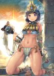  1girl bare_shoulders bikini black_hair blue_eyes blush breasts clouds commentary_request crown egyptian egyptian_clothes full_body jewelry kneeling large_breasts looking_at_viewer menace midriff navel open_mouth panties parted_lips pelvic_curtain queen&#039;s_blade revealing_clothes sandals setra shiny shiny_hair shiny_skin short_hair sky smile solo striped striped_bikini striped_panties sunlight sunrise swimsuit under_boob underwear yoshimura_(yoshimura4shi) 