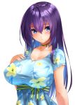  1girl :o agarwood bangs blue_dress blue_eyes blush breast_suppress breasts choker collarbone dress earrings floral_print green_ribbon hair_ornament hand_on_own_chest jewelry large_breasts long_hair looking_at_viewer original parted_lips phantasy_star phantasy_star_online_2 print_dress purple_hair ribbon ribbon_choker sash shiny shiny_hair short_sleeves simple_background solo taut_clothes taut_dress upper_body white_background 