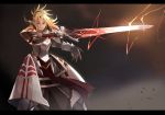  armor blonde_hair fate/apocrypha fate/grand_order fate_(series) green_eyes long_hair ponytail saber_of_red smile sword weapon 