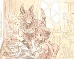  1boy 1girl bread chair commentary commentary_request cup doraf drunk_(granblue_fantasy) eating erun_(granblue_fantasy) food fork granblue_fantasy hand_up hood horns hoshikuzushi indoors jewelry long_hair people plant plate sandwich sepia short_hair single_earring sturm_(granblue_fantasy) table wavy_hair 