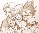  2boys 2girls black_eyes black_hair bra_(dragon_ball) brothers bulma couple crossed_arms dragon_ball dragonball_z earrings eyebrows_visible_through_hair family father_and_daughter father_and_son frown gloves happy hug hug_from_behind jewelry kerchief looking_at_viewer monochrome mother_and_daughter mother_and_son multiple_boys multiple_girls nervous short_hair siblings simple_background smile spiky_hair sweatdrop tied_hair tkgsize trunks_(dragon_ball) vegeta watch 