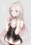 ! 1girl arms_at_sides artist_name black_choker black_panties blue_eyes blush breasts bute_(butegram) camisole collarbone commentary_request eyebrows_visible_through_hair grey_background grey_hair hair_between_eyes hair_flaps highres ia_(vocaloid) long_hair no_pants panties parted_lips revision signature simple_background small_breasts solo strap_slip underwear upper_body very_long_hair vocaloid 