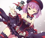  1girl bare_shoulders blush fate/grand_order fate_(series) flat_chest fujii_jun hat helena_blavatsky_(fate/grand_order) jacket looking_at_viewer one_eye_closed purple_hair short_hair smile solo strapless thigh-highs tree_of_life violet_eyes 