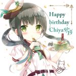  1girl animal anko_(gochiusa) bangs belt_buckle black_hair blush bow bowtie brown_belt buckle cake character_name closed_mouth commentary_request confetti english eyebrows_visible_through_hair flat_chest food fruit gochuumon_wa_usagi_desu_ka? green_bow green_bowtie green_eyes green_ribbon happy_birthday hat hat_ribbon highres holding holding_plate holding_spoon jacket long_hair looking_at_viewer mini_hat plate puffy_short_sleeves puffy_sleeves rabbit ribbon ruriruno short_sleeves sidelocks signature smile spoon striped striped_bow striped_bowtie twintails ujimatsu_chiya upper_body white_background white_hat white_jacket 