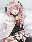  1boy blush braid cape fang fate/grand_order fate_(series) fur_trim gauntlets hair_ribbon long_hair one_eye_closed open_mouth pink_hair ribbon rider_of_black single_braid solo thigh-highs tori_(kitarune) violet_eyes 