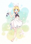  1girl absurdres anchor bare_legs bare_shoulders barefoot blonde_hair blue_eyes bracelet choker dress fang feet full_body hair_ornament hair_ribbon hairclip high_heels highres jewelry kagamine_rin moong_gya open_mouth ribbon sailor_collar sandals sandals_removed shoes_removed short_hair smile solo summer toes vocaloid water_drop 