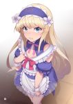  1boy apron bangs blonde_hair blue_eyes blurry blush commentary_request crossdressinging depth_of_field detached_sleeves dress eyebrows_visible_through_hair fate/grand_order fate_(series) frilled_dress frilled_sleeves frills hairband highres le_chevalier_d&#039;eon_(fate/grand_order) long_hair looking_at_viewer maid_apron male_focus mku open_mouth pink_ribbon puffy_short_sleeves puffy_sleeves purple_dress purple_hairband ribbon see-through short_sleeves sidelocks solo standing tears trap very_long_hair wrist_cuffs 