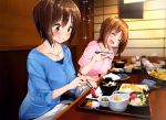  2girls alternate_costume blush brown_hair chopsticks commentary_request eating food food_request girls_und_panzer hood hoodie multiple_girls nishizumi_maho nishizumi_miho pilky siblings sisters smile sparkle sushi wide-eyed 