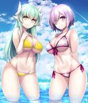  2girls aqua_hair arms_behind_back beeyan bikini blue_sky blush breasts cleavage closed_mouth clouds cloudy_sky condensation_trail contrapposto day eyes_visible_through_hair fate/grand_order fate_(series) front-tie_bikini front-tie_top hair_over_one_eye hand_on_own_chest highres horns kiyohime_(fate/grand_order) large_breasts long_hair looking_at_viewer multiple_girls navel outdoors purple_hair shielder_(fate/grand_order) short_hair side-tie_bikini sky smile sparkle standing stomach swimsuit under_boob violet_eyes wading water white_bikini yellow_bikini yellow_eyes 