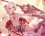  1girl asymmetrical_hair blood bloody_clothes center_opening dolce_(dolsuke) gloves grey_eyes petals sinoalice skirt snow_white_(sinoalice) solo sword thigh-highs weapon white_hair 