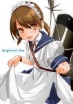  10s 1girl :d agarwood apron blue_sailor_collar brown_eyes brown_hair kantai_collection maid maid_apron maid_headdress open_mouth sailor_collar shirayuki_(kantai_collection) short_hair short_sleeves short_twintails simple_background smile solo teeth twintails twitter_username white_background 