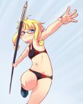  1girl blonde_hair blue_background blue_eyes breasts commentary_request elf glasses hondarai javelin midriff navel original outstretched_arms pointy_ears shoes short_hair_with_long_locks sidelocks small_breasts solo speed_lines sports_bra sportswear standing standing_on_one_leg stomach throwing 