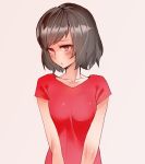  1girl bangs black_hair blush breast_squeeze breasts embarrassed hashimoto_(soukidann2010) looking_at_viewer original red_eyes red_shirt shirt short_hair solo swept_bangs t-shirt upper_body v_arms 