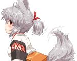  1girl alternate_hairstyle animal_ears bangs blush breasts detached_sleeves from_side hair_ribbon inubashiri_momiji japanese_clothes kei_kei looking_at_viewer looking_to_the_side medium_breasts profile red_eyes red_ribbon ribbon short_hair short_ponytail silver_hair smile solo tail tail_wagging touhou upper_body wolf_ears wolf_tail 