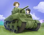  2girls black_hair brown_hair building clouds dead_people glasses grass green_eyes ground_vehicle military military_vehicle motor_vehicle multiple_girls original ram_(tank) red_eyes sky tank 