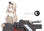  10s 1girl blonde_hair blue_eyes braid crown dress french_braid hairband highres kantai_collection long_hair looking_back machinery mikoto_(oi_plus) mini_crown off-shoulder_dress off_shoulder open_mouth solo turret warspite_(kantai_collection) weapon white_dress 