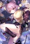  1girl ass atelier_(series) atelier_sophie bare_shoulders barefoot blush cornelia_(atelier) emia_(castilla) eyebrows_visible_through_hair feathers feet highres looking_at_viewer pink_hair red_eyes shoe_dangle short_hair solo 