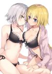  2girls bangs bikini black_bikini blonde_hair blue_eyes blush braid breasts closed_mouth collarbone eyebrows_visible_through_hair fate/apocrypha fate/grand_order fate_(series) front-tie_bikini front-tie_top frown grey_hair hood hoodie jeanne_alter large_breasts light_frown long_hair looking_at_viewer medium_breasts multiple_girls open_clothes open_hoodie ruler_(fate/apocrypha) side-tie_bikini sidelocks simple_background single_braid sitting smile swimsuit thighs white_background yamabukiiro yellow_eyes 