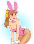  1girl animal_ears bow bowtie breasts brown_hair brown_legwear bunny_tail bunnysuit cleavage detached_collar fukusuke_hachi-gou highres leaning_forward leotard looking_back original pantyhose pink_bow pink_bowtie pink_leotard rabbit_ears red_eyes small_breasts solo standing strapless strapless_leotard tail wrist_cuffs 