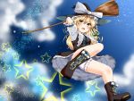  1girl :d black_boots black_hat black_skirt black_vest blonde_hair boots bow braid clouds frilled_sleeves frills green_bow hair_between_eyes hair_bow hair_ribbon hat kirisame_marisa long_hair open_mouth ribbon short_sleeves side_braid skirt sky smile solo star star_(sky) starry_sky touhou tress_ribbon vest white_bloomers white_bow witch_hat yellow_eyes yururi_nano 