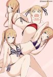  1girl :o all_fours arched_back arm_behind_head arm_support arm_up armpits ass bangs bare_arms bare_legs bare_shoulders bikini black_ribbon blonde_hair blouse blue_eyes blush breasts collarbone cosplay d: eyebrows_visible_through_hair fang hair_ribbon kasumigaoka_utaha kasumigaoka_utaha_(cosplay) katou_megumi katou_megumi_(cosplay) knees_up leaning_back long_hair looking_at_viewer looking_back multiple_views navel o_o open_mouth pink_background red_bikini ribbon saenai_heroine_no_sodatekata sawamura_spencer_eriri shoulder_blades side-tie_bikini sitting small_breasts smile stomach string_bikini striped_blouse swimsuit tasora twintails twitter_username 