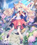  1girl animal_ears blonde_hair blue_eyes blush eyebrows_visible_through_hair flower fox_ears fox_tail hair_bobbles hair_ornament holding_briefcase hydrangea long_hair looking_at_viewer original parted_lips roang skull solo tail tree twintails 