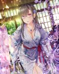  1girl black_hair blush breasts cleavage collarbone company_name eyebrows_visible_through_hair falkyrie_no_monshou flower glasses hair_flower hair_ornament japanese_clothes kimono large_breasts looking_at_viewer natsumekinoko parted_lips petals solo sweatdrop violet_eyes yukata 