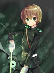  1boy arrow belt bow_(weapon) brown_hair gloves green_eyes male_focus military military_uniform owari_no_seraph saotome_yoichi shovelwell solo uniform upper_body weapon 