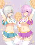  10s 2girls arm_up armpits arms_up artist_name bare_shoulders blue_eyes blue_skirt blush breasts cheerleader commentary_request dated elbow_gloves eyebrows_visible_through_hair eyes_visible_through_hair fate/grand_order fate_(series) gloves hair_ornament hair_over_one_eye hairclip hamakaze_(kantai_collection) heart hips kantai_collection kuavera large_breasts looking_at_viewer looking_to_the_side midriff multiple_girls navel open_mouth pink_hair pleated_skirt pom_poms purple_background purple_hair purple_skirt shielder_(fate/grand_order) shiny shiny_skin short_hair sideboob silver_hair simple_background skirt smile sparkle sweat thigh-highs thighs trait_connection twitter_username under_boob violet_eyes waist white_gloves white_legwear 