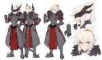  1girl armor black_fur blonde_hair close-up dark_persona face fate/apocrypha fate_(series) full_armor full_body gauntlets horns long_hair looking_at_viewer mask multiple_views ponytail saber_of_red simple_background smile solo standing white_background yellow_eyes yorukun 