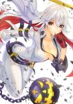  1girl black_gloves blush breasts cleavage collarbone eyebrows_visible_through_hair gloves guilty_gear guilty_gear_xrd jack-o_(guilty_gear) large_breasts lloule long_hair looking_at_viewer multicolored multicolored_clothes multicolored_gloves red_eyes red_gloves smile solo white_hair 
