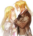  1boy 1girl blonde_hair blue_eyes blush coat couple earrings edward_elric eye_contact eyebrows_visible_through_hair fullmetal_alchemist hand_on_another&#039;s_cheek hand_on_another&#039;s_face hetero jacket jewelry long_hair looking_at_another ponytail riru simple_background white_background winry_rockbell yellow_eyes 