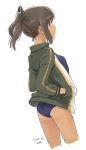  10s 1girl 2017 ass blue_swimsuit brown_eyes brown_hair cowboy_shot dated flat_chest green_jacket hair_ornament hairclip hands_in_pockets i-401_(kantai_collection) jacket kantai_collection kawashina_(momen_silicon) ponytail profile short_ponytail simple_background solo standing swimsuit swimsuit_under_clothes white_background 