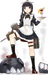  10s 1girl alternate_costume apron bangs black_dress black_eyes black_hair blunt_bangs braid dress enmaided full_body hime_cut i-class_destroyer kantai_collection kitakami_(kantai_collection) long_hair machinery maid parfait shinkaisei-kan sidelocks simple_background single_braid solo standing teeth twitter_username waitress white_apron white_background yamashiki_(orca_buteo) 