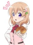  1girl :d bangs blush bow bowtie bread breasts buttons collared_shirt commentary_request dress_shirt eyebrows_visible_through_hair food giving gochuumon_wa_usagi_desu_ka? hair_ornament hairclip hand_on_hip holding holding_food hoto_cocoa long_hair long_sleeves looking_at_viewer open_mouth orange_hair pink_vest rabbit_house_uniform red_bow red_bowtie red_star_(toranecomet) shirt simple_background small_breasts smile solo uniform upper_body violet_eyes white_background white_shirt wing_collar 