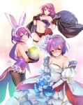 1girl alternate_costume animal_ears bare_shoulders belt bikini bouquet breast_press breasts bridal_veil bride bunny_tail caeda_(bridal)_(fire_emblem) caeda_(bridal)_(fire_emblem)_(cosplay) caeda_(fire_emblem) caeda_(fire_emblem)_(cosplay) camilla_(fire_emblem) camilla_(fire_emblem)_(cosplay) camilla_(fire_emblem_if) cleavage cosplay detached_collar dress easter_egg elbow_gloves fake_animal_ears female_my_unit_(fire_emblem:_kakusei) fire_emblem fire_emblem:_kakusei fire_emblem:_mystery_of_the_emblem fire_emblem:_shin_monshou_no_nazo fire_emblem_heroes fire_emblem_if flower gloves hair_flower hair_ornament highres holding holding_bouquet intelligent_systems jacket_on_shoulders jewelry katarina_(fire_emblem) looking_at_viewer mg_kurino my_unit_(fire_emblem:_kakusei) necklace nintendo o-ring_top pantyhose purple_bikini purple_hair rabbit_ears robin_(fire_emblem) robin_(fire_emblem)_(female) robin_(fire_emblem)_(female)_(cosplay) sheeda short_hair sparkle_background super_smash_bros. swimsuit tail tearing_up veil wedding_dress white_dress