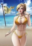  1girl absurdres arm_up aya_foxheart beach bikini blonde_hair blue_eyes bracelet breasts cleavage cowboy_shot final_fantasy final_fantasy_xiv highres hyur jewelry large_breasts looking_at_viewer navel necklace outdoors ponytail solo swimsuit ushio_(starchild720) water 