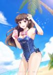  1girl absurdres ahoge alien_(15307703) artist_name bare_shoulders breasts brown_eyes brown_hair cleavage collarbone d.va_(overwatch) eyebrows_visible_through_hair flower hair_flower hair_ornament highres long_hair looking_at_viewer medium_breasts open_mouth overwatch smile solo standing summer swimsuit 