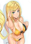  1girl 3: artist_name ashiomi_masato bikini blonde_hair blue_eyes blush breasts cleavage closed_mouth collarbone foreshortening from_above guilty_gear guilty_gear_xrd hair_tucking halterneck highleg highleg_bikini large_breasts long_hair millia_rage navel solo swimsuit very_long_hair yellow_bikini 