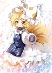  1girl blonde_hair blush bobby_socks closed_mouth fox_tail frilled_sleeves frills full_body hands_in_sleeves hat long_sleeves looking_at_viewer ofuda pillow_hat piyokichi short_hair simple_background smile socks solo tabard tail tareme tassel touhou white_background white_hat white_legwear yakumo_ran yellow_eyes 