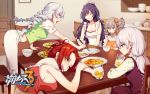  /\/\/\ 5girls :d :t ^_^ apron bangs benghuai_xueyuan blue_eyes bow breasts bronya_zaychik camisole capri_pants chopsticks chopsticks_in_mouth closed_eyes copyright_name drill_hair drooling eating grey_eyes grey_hair hair_between_eyes hair_bow hair_ornament hair_ribbon hairclip half-closed_eyes highres indoors kiana_kaslana large_breasts low_twintails multiple_girls murata_himeko official_art open_mouth pants parted_bangs purple_hair raiden_mei redhead ribbon sideboob silver_hair sleeping smile strap_slip theresa_apocalypse tied_hair twin_drills twintails 