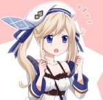  1girl bare_shoulders beret blonde_hair blue_eyes breasts cleavage collarbone colored eyebrows_visible_through_hair granblue_fantasy hat kukuru_(granblue_fantasy) long_sleeves minuma_h solo twintails two-tone_background 