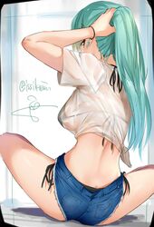  10s 1girl alternate_hairstyle aqua_eyes aqua_hair bikini bikini_under_clothes black_bikini breasts crop_top cutoffs denim denim_shorts from_behind halterneck highres indian_style isshiki_(ffmania7) kantai_collection long_hair looking_back medium_breasts ponytail profile see-through shirt short_shorts shorts side-tie_bikini sideboob sitting solo suzuya_(kantai_collection) swimsuit swimsuit_under_clothes tied_shirt under_boob wristband 