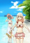  2girls adapted_costume akke beach bikini blonde_hair blue_eyes blue_hair bracelet breasts brown_eyes cleavage clouds effie_(fire_emblem) fire_emblem fire_emblem_echoes:_mou_hitori_no_eiyuuou hand_on_headwear hat jewelry long_hair multiple_girls open_mouth sand short_hair silk_(fire_emblem) sky sun_hat swimsuit water 