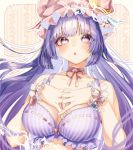  1girl :o bra breasts cleavage crescent crescent_hair_ornament hair_ornament hat large_breasts long_hair looking_at_viewer mob_cap mokokiyo_(asaddr) neck_ribbon patchouli_knowledge purple_bra purple_hair ribbon ribbon-trimmed_bra ribbon_trim solo striped striped_bra touhou underwear upper_body very_long_hair violet_eyes wrist_cuffs 