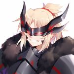  1girl armor black_fur blonde_hair dark_persona face fate/apocrypha fate_(series) horns long_hair mask ponytail saber_of_red simple_background smile solo teeth w white_background yorukun 