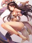  1girl anklet armlet ass asymmetrical_legwear asymmetrical_sleeves bare_shoulders barefoot black_hair breasts bridal_gauntlets chains earrings elbow_gloves fate/grand_order fate_(series) feet gloves hair_ribbon heavenly_boat_maanna highres hoop_earrings ishtar_(fate/grand_order) jewelry long_hair looking_at_viewer navel omoti_(1201208) pelvic_curtain red_eyes ribbon sideboob single_elbow_glove single_thighhigh smile solo thigh-highs tohsaka_rin two_side_up weapon 