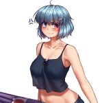  &gt;:t 1girl :t alternate_costume anger_vein angry arms_at_sides bare_arms bare_shoulders blue_eyes blue_hair blush breasts collarbone crop_top crop_top_overhang erect_nipples hater_(hatater) heterochromia highres holding holding_umbrella karakasa_obake looking_at_viewer medium_breasts midriff navel pout red_eyes short_hair simple_background solo standing stomach tatara_kogasa touhou umbrella upper_body white_background 